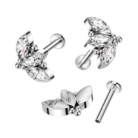 Labret / flat back piercing i titanium 1,2mm - Tre marquise kubisk zirconia och kulor