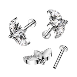 Labret / flat back piercing i titanium 1,2mm - Tre marquise kubisk zirconia och kulor