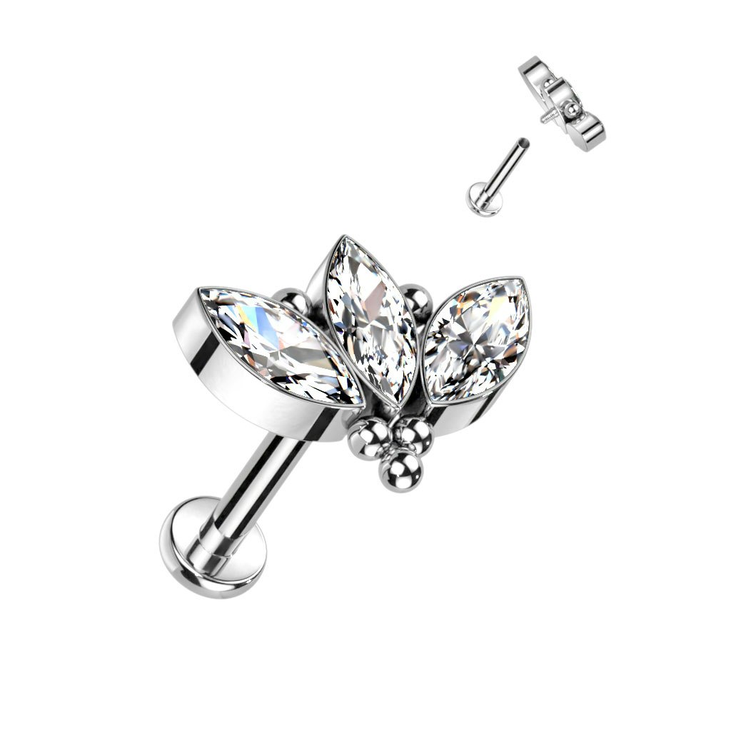 Labret / flat back piercing i titanium 1,2mm - Tre marquise kubisk zirconia och kulor