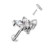Labret / flat back piercing i titanium 1,2mm - Tre marquise kubisk zirconia och kulor
