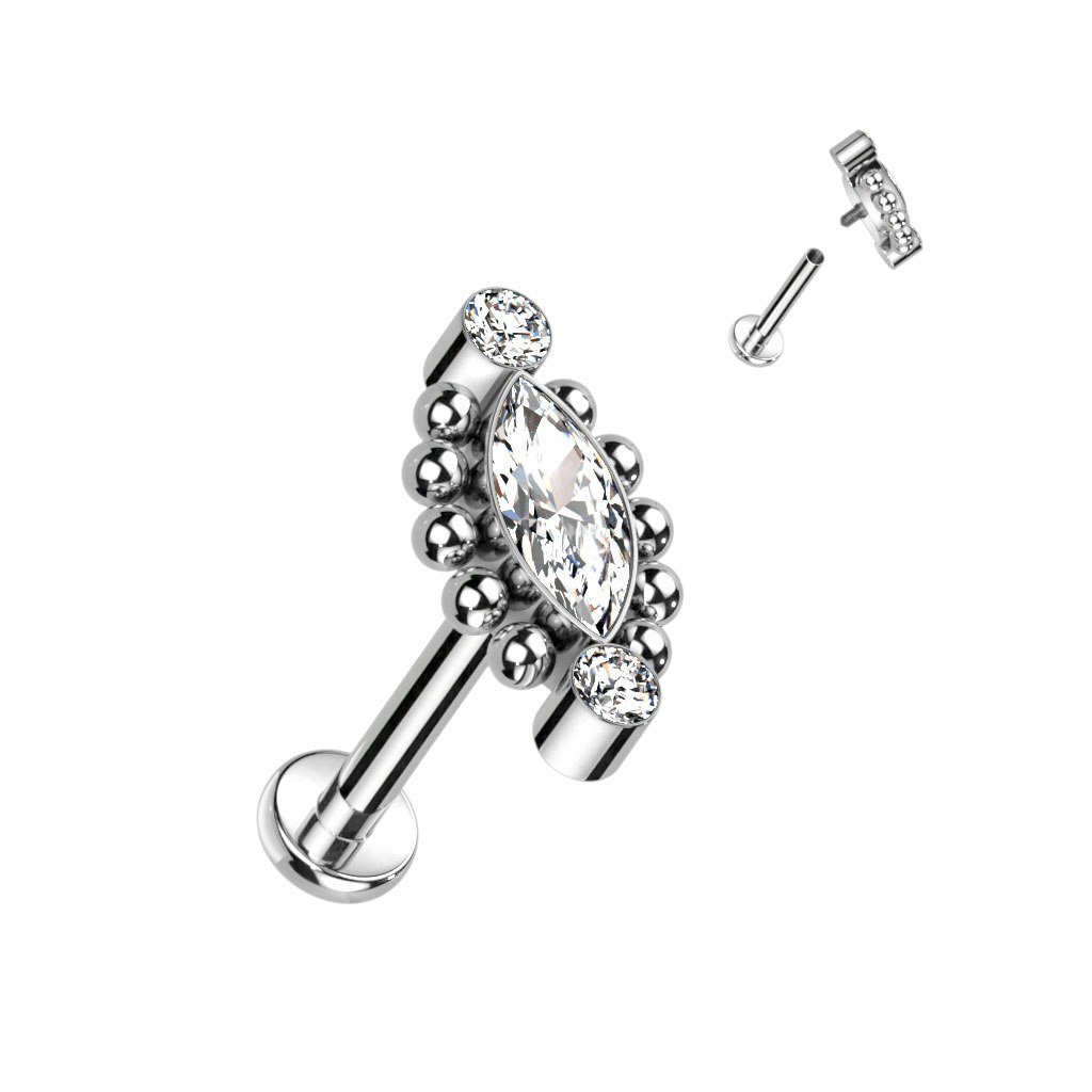 Labret / flat back piercing i titanium 1,2mm - Topp med två runda och en marquise kubisk zirconia