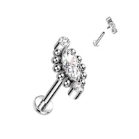 Labret / flat back piercing i titanium 1,2mm - Topp med två runda och en marquise kubisk zirconia