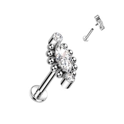 Labret / flat back piercing i titanium 1,2mm - Topp med två runda och en marquise kubisk zirconia