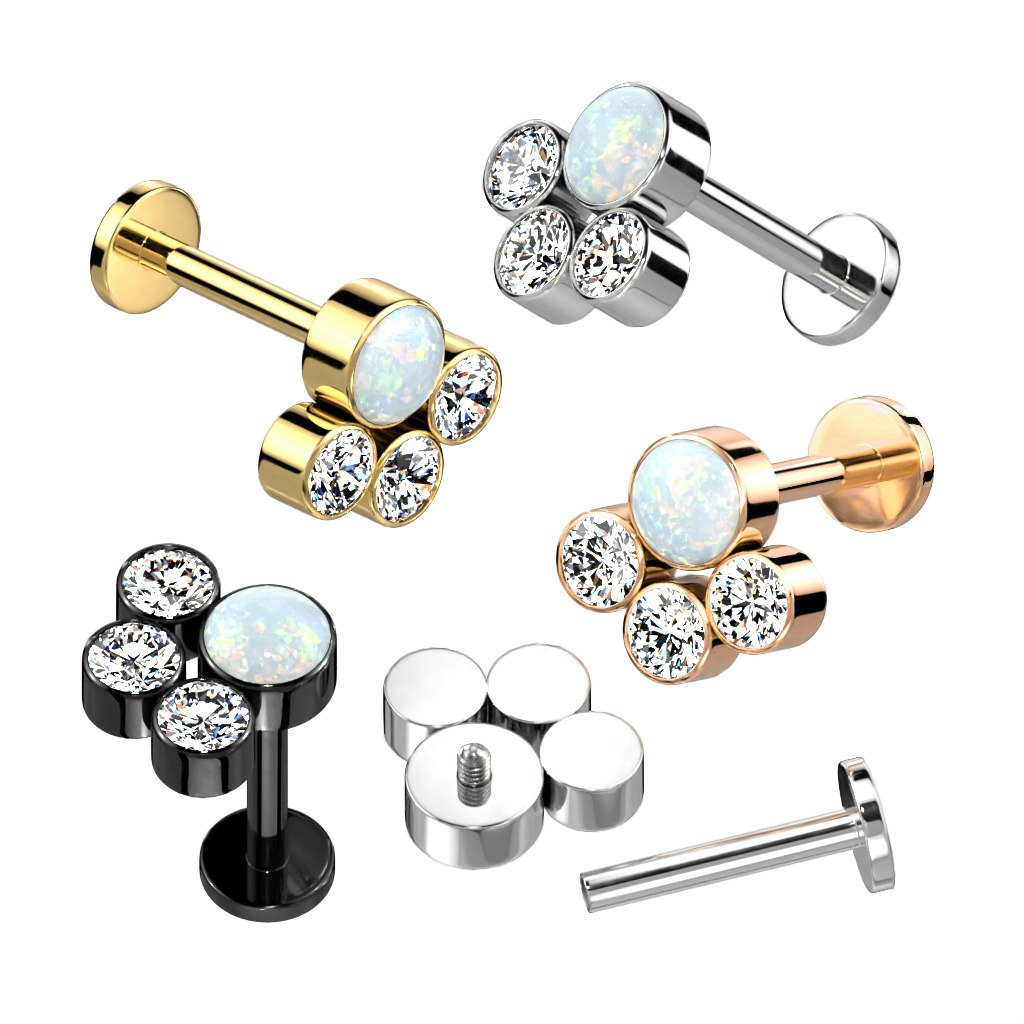 Labret / flat back piercing i titanium 1,2mm - Kluster med tre runda kubisk zirconia och en opal