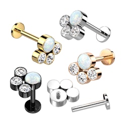 Labret / flat back piercing i titanium 1,2mm - Kluster med tre runda kubisk zirconia och en opal