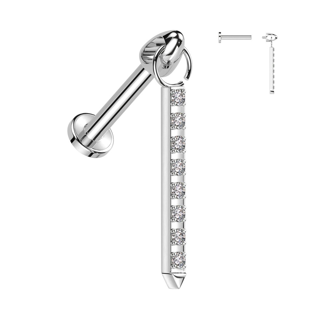 Labret / flat back i titanium 1,2mm - långt hänge med kubisk zirconia
