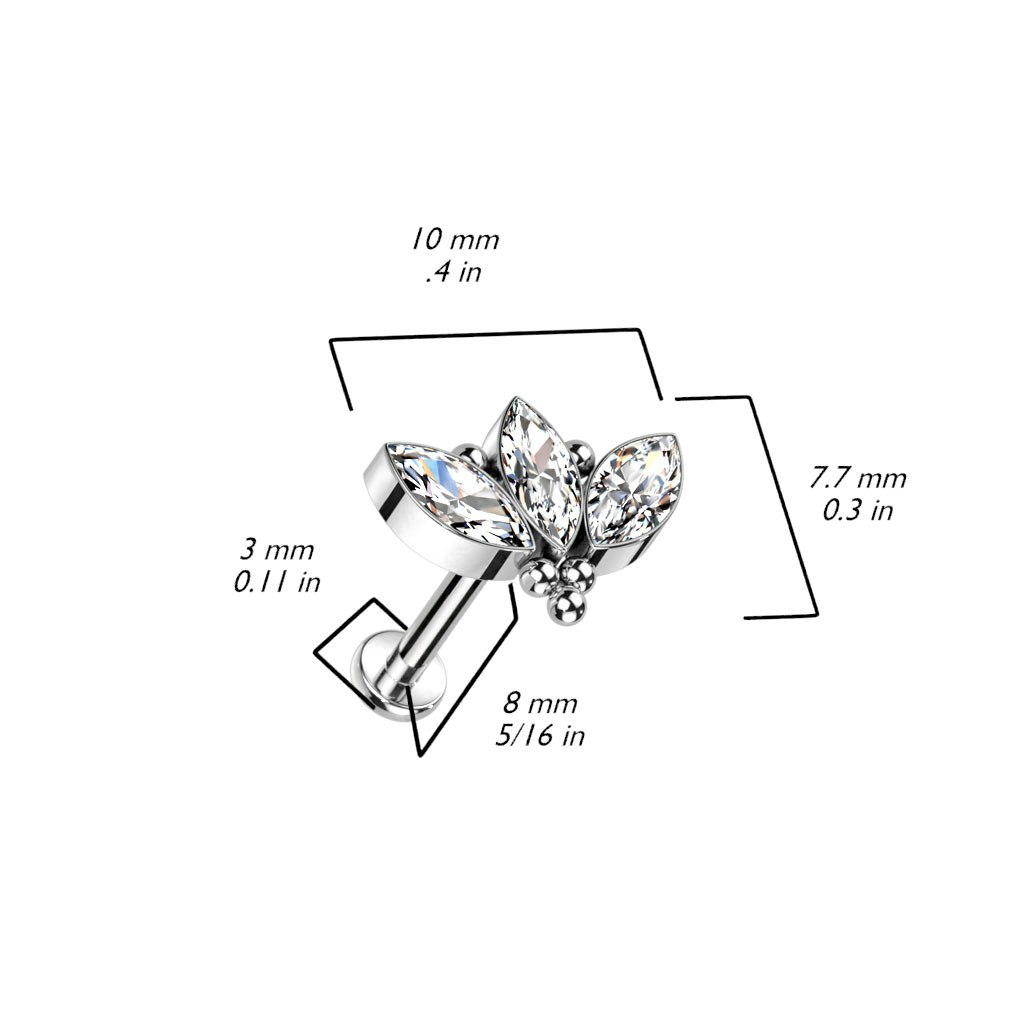 Labret / flat back piercing i titanium 1,2mm - Tre marquise kubisk zirconia och kulor