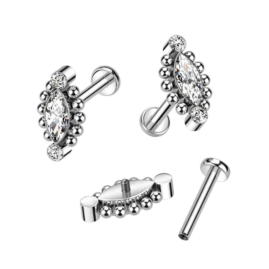 Labret / flat back piercing i titanium 1,2mm - Topp med två runda och en marquise kubisk zirconia