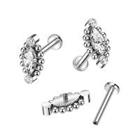 Labret / flat back piercing i titanium 1,2mm - Topp med två runda och en marquise kubisk zirconia