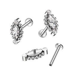 Labret / flat back piercing i titanium 1,2mm - Topp med två runda och en marquise kubisk zirconia
