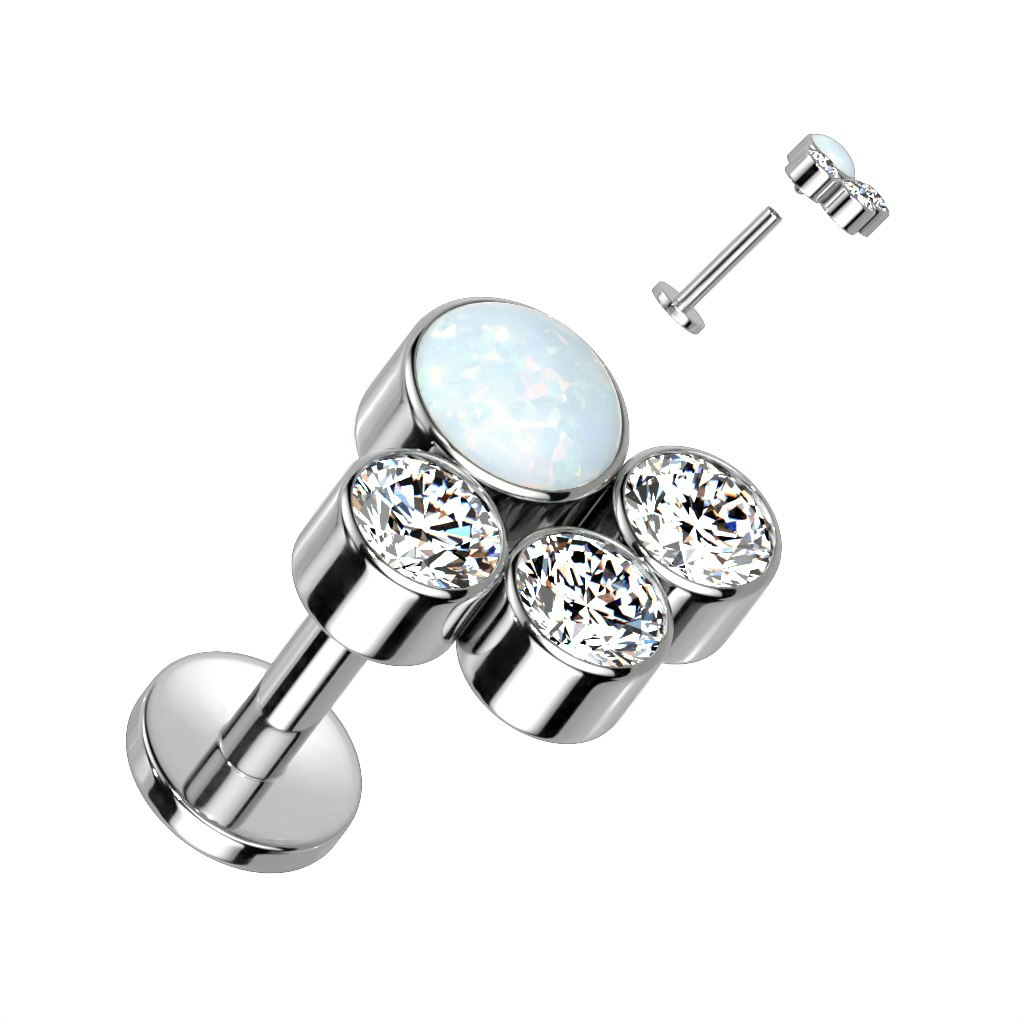 Labret / flat back piercing i titanium 1,2mm - Kluster med tre runda kubisk zirconia och en opal
