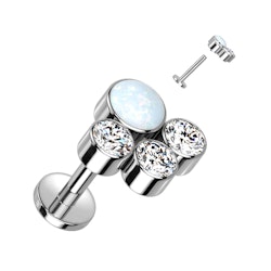 Labret / flat back piercing i titanium 1,2mm - Kluster med tre runda kubisk zirconia och en opal