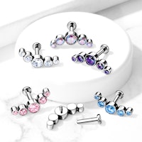 Labret / flat back piercing i titanium 1,2mm - Kurvtopp med fem runda kubisk zirconia