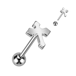 Barbell för tungpiercing kirurgiskt stål 1,6mm med kors