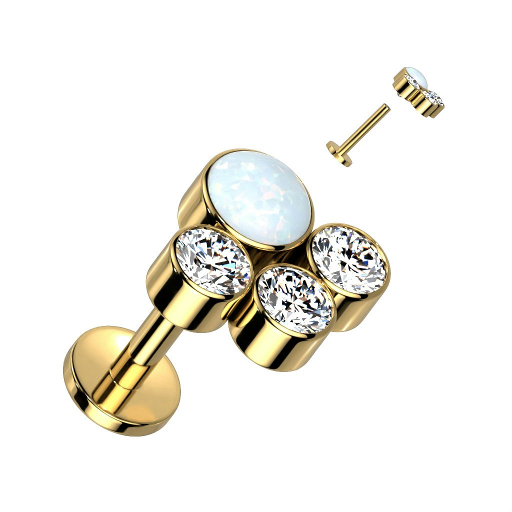 Labret / flat back piercing i titanium 1,2mm - Kluster med tre runda kubisk zirconia och en opal