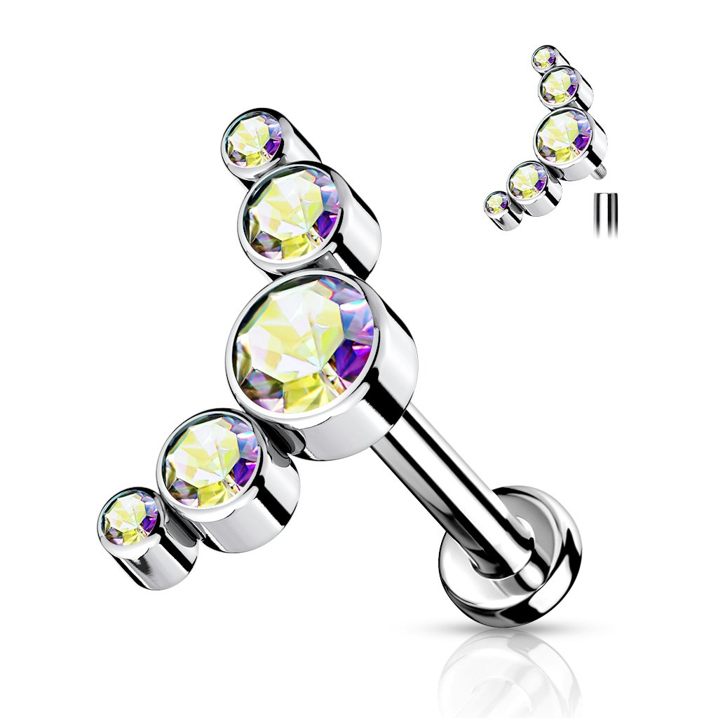 Labret / flat back piercing i titanium 1,2mm - Kurvtopp med fem runda kubisk zirconia