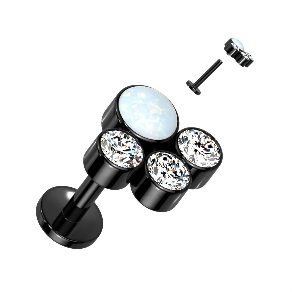 Labret / flat back piercing i titanium 1,2mm - Kluster med tre runda kubisk zirconia och en opal