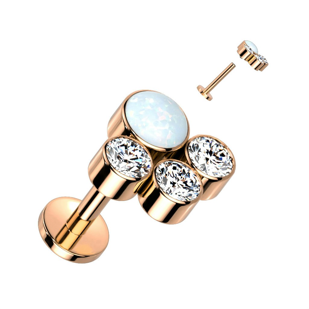 Labret / flat back piercing i titanium 1,2mm - Kluster med tre runda kubisk zirconia och en opal
