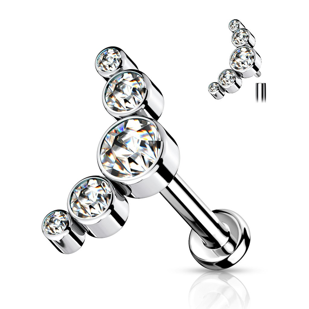 Labret / flat back piercing i titanium 1,2mm - Kurvtopp med fem runda kubisk zirconia
