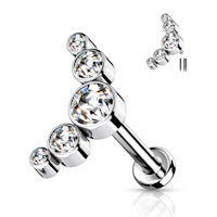 Labret / flat back piercing i titanium 1,2mm - Kurvtopp med fem runda kubisk zirconia
