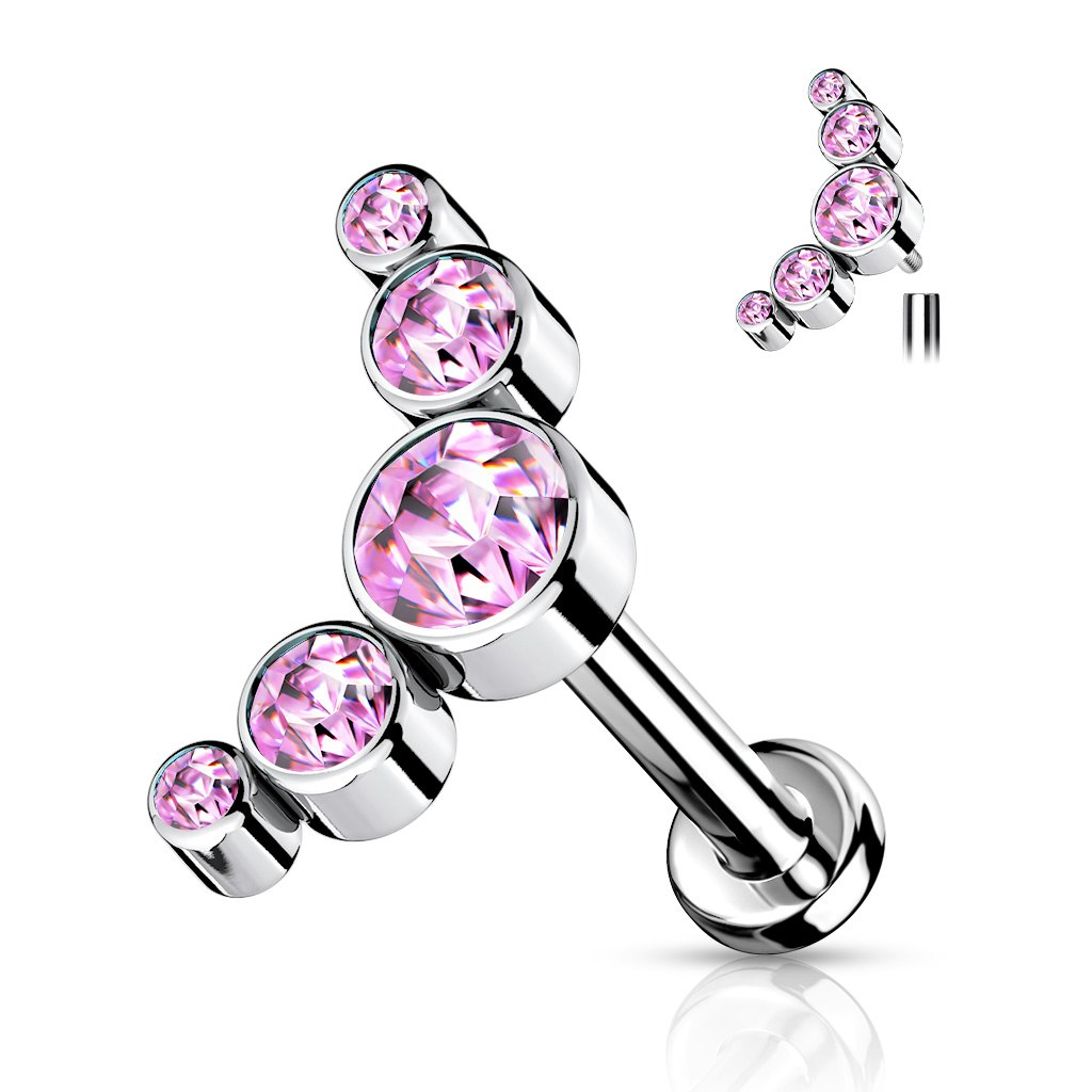 Labret / flat back piercing i titanium 1,2mm - Kurvtopp med fem runda kubisk zirconia
