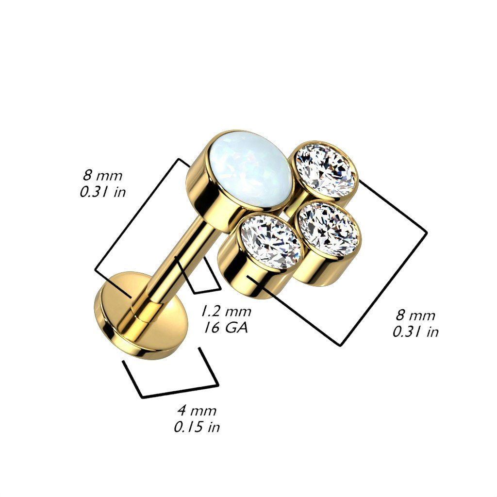 Labret / flat back piercing i titanium 1,2mm - Kluster med tre runda kubisk zirconia och en opal