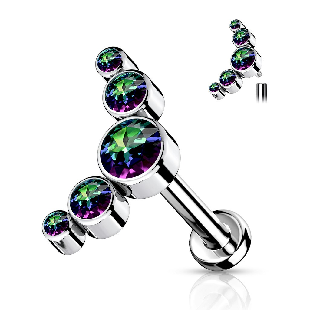 Labret / flat back piercing i titanium 1,2mm - Kurvtopp med fem runda kubisk zirconia