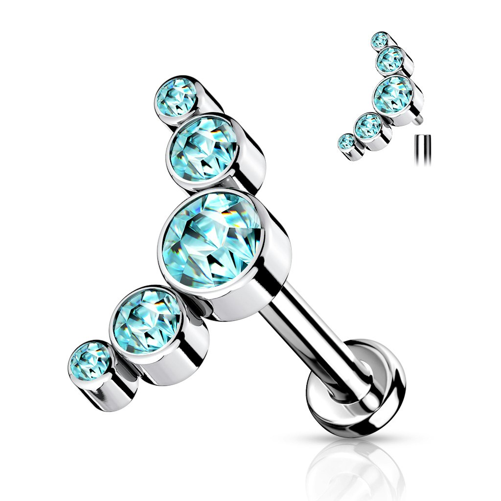 Labret / flat back piercing i titanium 1,2mm - Kurvtopp med fem runda kubisk zirconia
