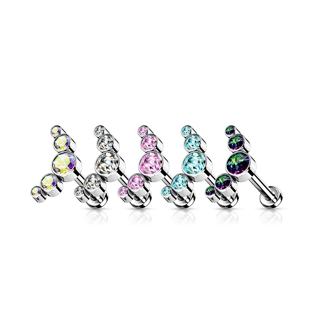 Labret / flat back piercing i titanium 1,2mm - Kurvtopp med fem runda kubisk zirconia
