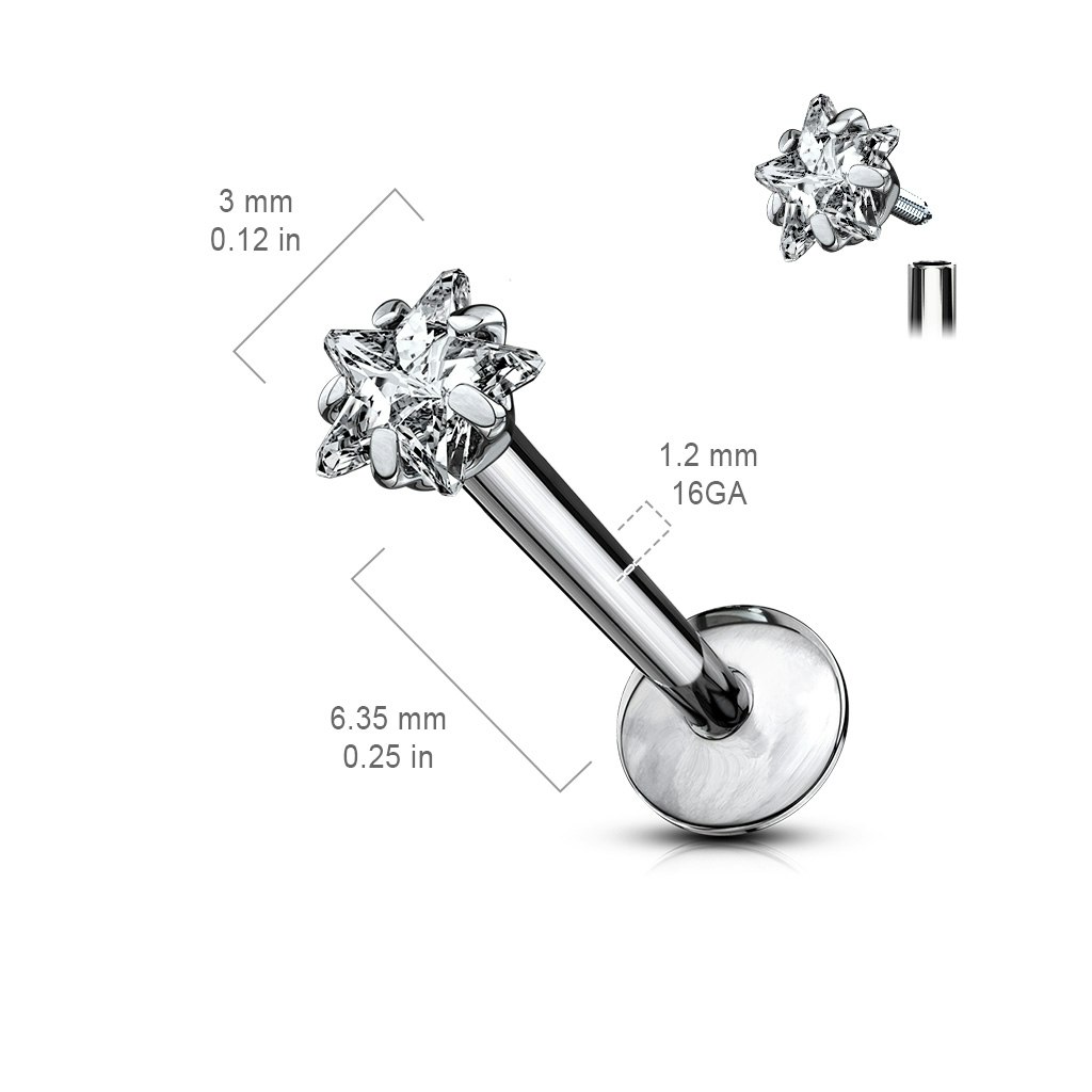 Labret / flat back piercing i titanium 1,2mm med kubisk zirconia stjärna