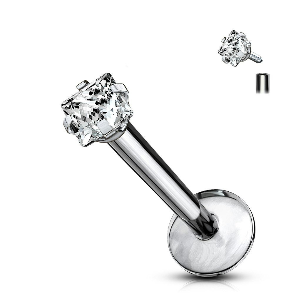 Labret / flat back piercing i titanium 1,2mm med fyrkantig kubisk zirconia