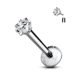 Labret / flat back piercing i titanium 1,2mm med fyrkantig kubisk zirconia