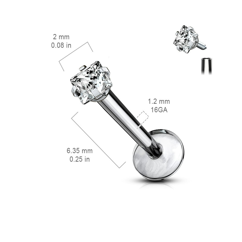 Labret / flat back piercing i titanium 1,2mm med fyrkantig kubisk zirconia