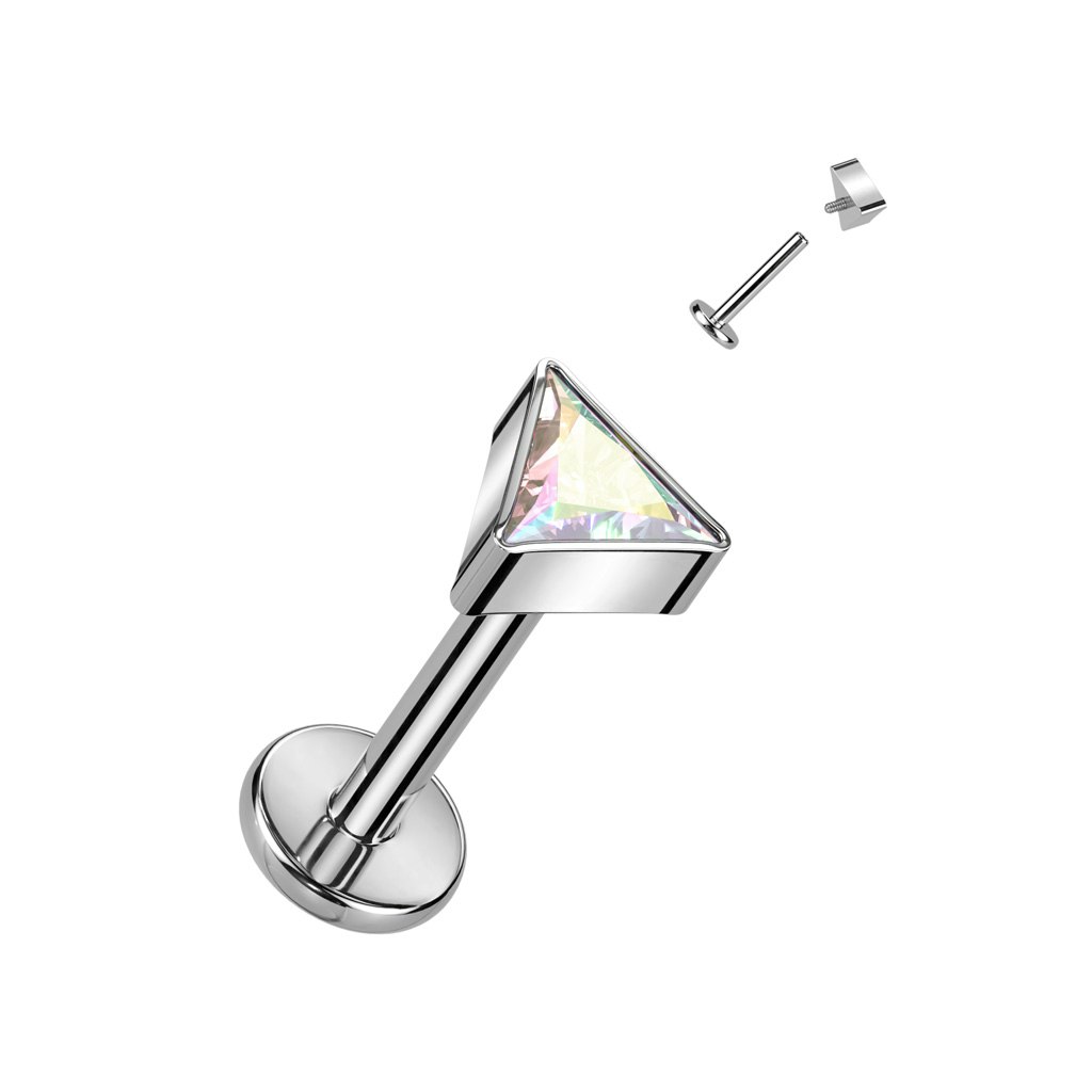 Labret / flat back piercing i titanium 1,2mm - Trekantig topp med kubisk zirconia