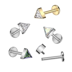 Labret / flat back piercing i titanium 1,2mm - Trekantig topp med kubisk zirconia