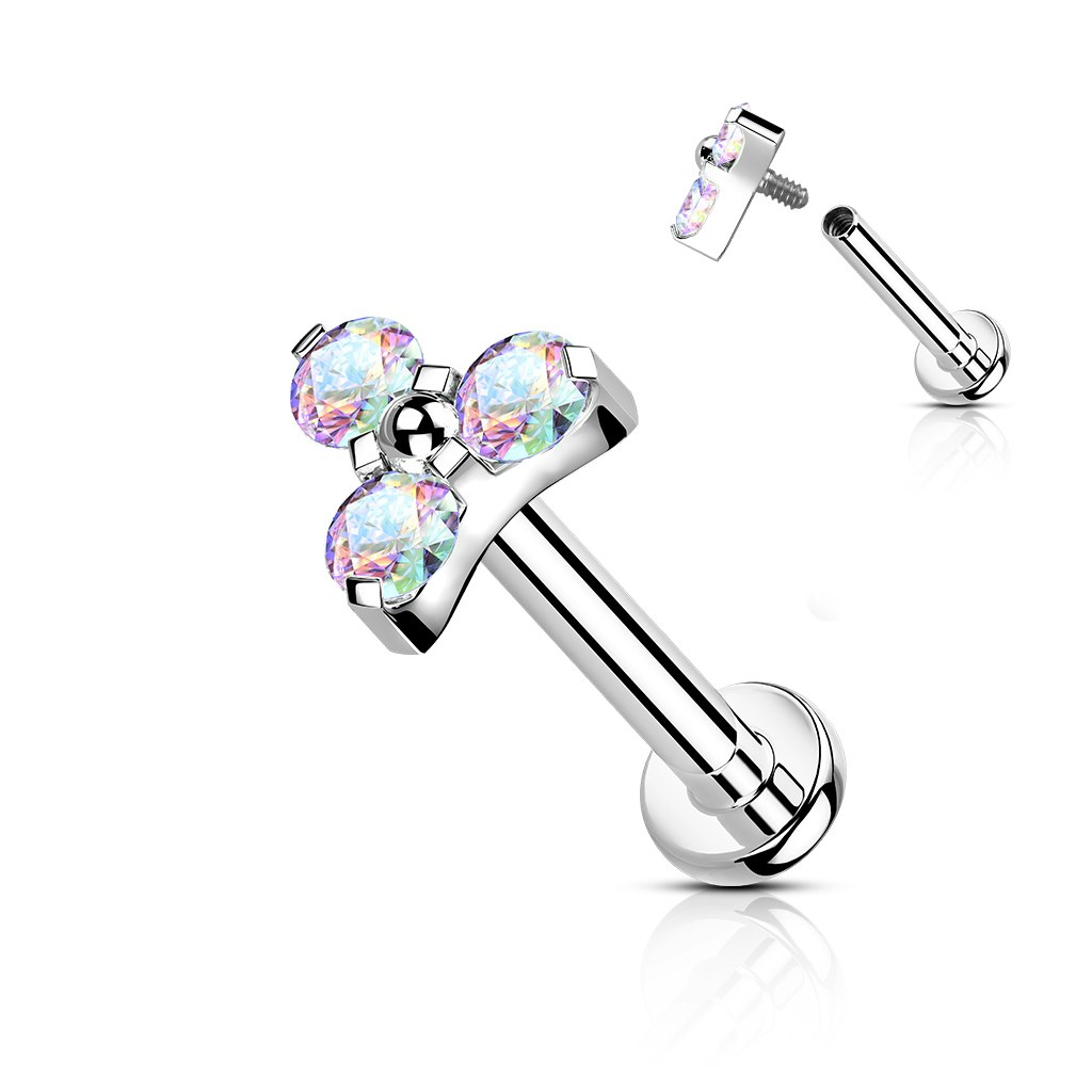 Labret / flat back piercing i titanium 1,2mm - Treenighet med kubisk zirconia