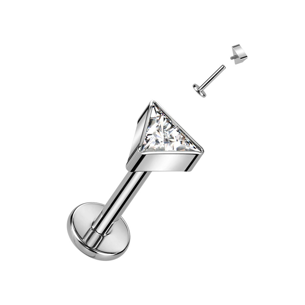 Labret / flat back piercing i titanium 1,2mm - Trekantig topp med kubisk zirconia