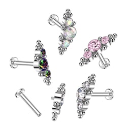 Labret / flat back piercing i titanium 1,2mm - Kluster med bollar och tre kubisk zirconia
