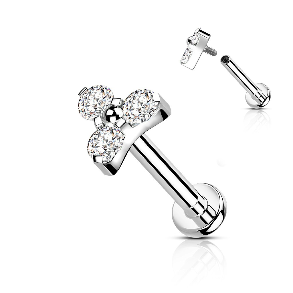 Labret / flat back piercing i titanium 1,2mm - Treenighet med kubisk zirconia