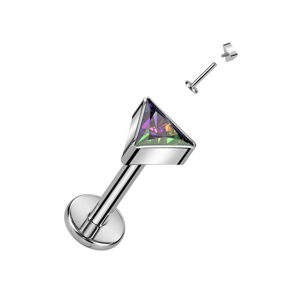 Labret / flat back piercing i titanium 1,2mm - Trekantig topp med kubisk zirconia