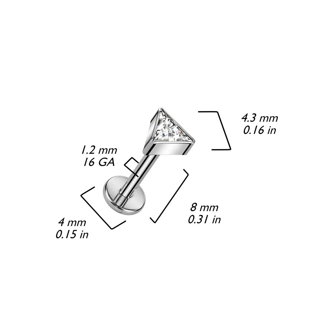 Labret / flat back piercing i titanium 1,2mm - Trekantig topp med kubisk zirconia