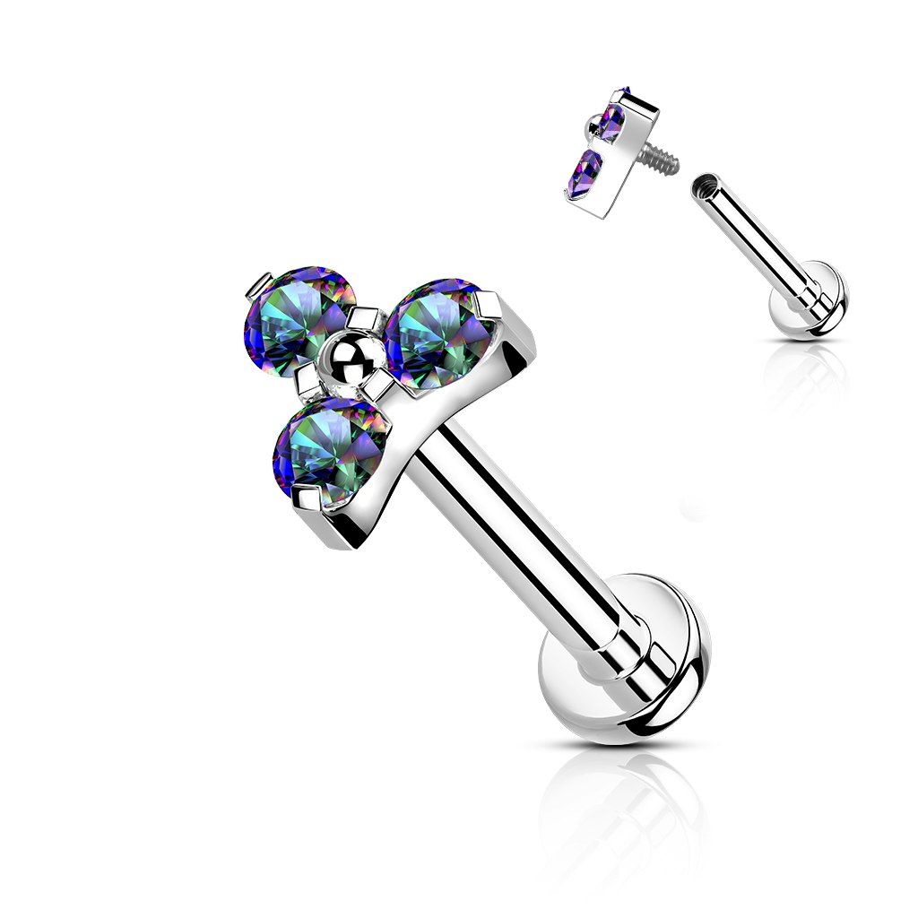 Labret / flat back piercing i titanium 1,2mm - Treenighet med kubisk zirconia