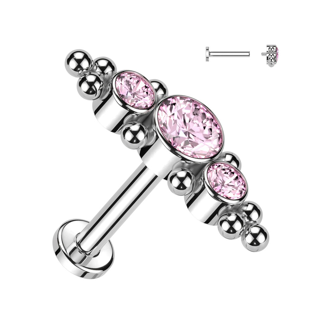Labret / flat back piercing i titanium 1,2mm - Kluster med bollar och tre kubisk zirconia