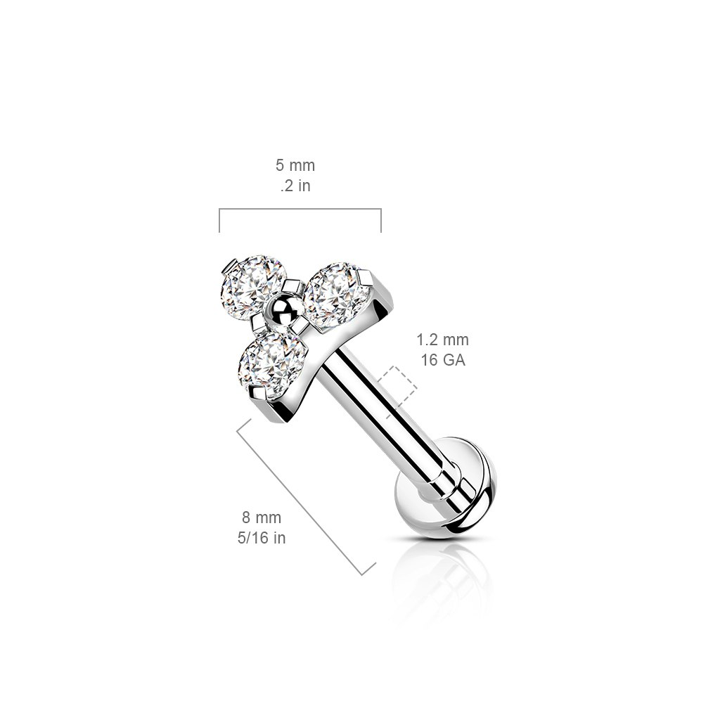 Labret / flat back piercing i titanium 1,2mm - Treenighet med kubisk zirconia