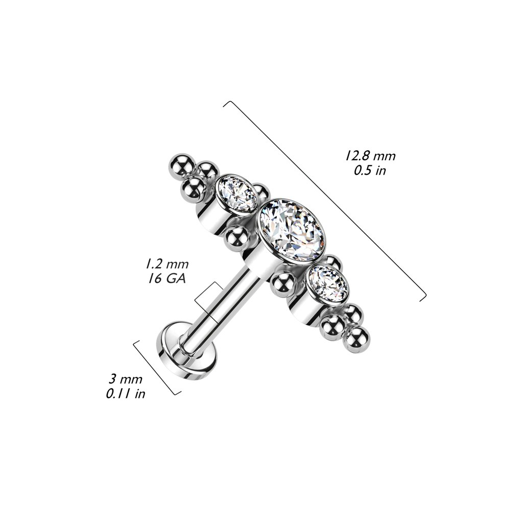 Labret / flat back piercing i titanium 1,2mm - Kluster med bollar och tre kubisk zirconia
