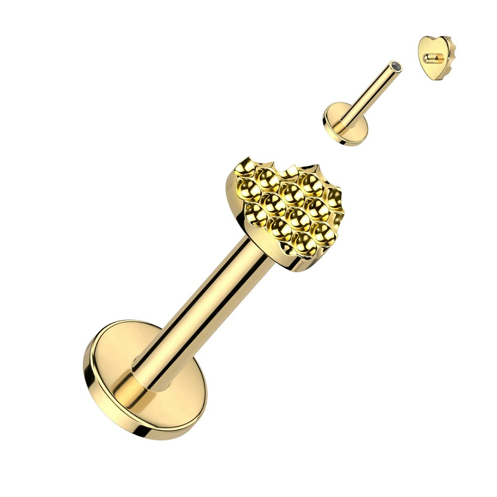 Labret / flat back piercing i titanium 1,2mm - Hjärtformad mönstrad topp