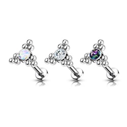 Labret / flat back piercing i titanium 1,2mm - Triangelformat kluster med bollar och kubisk zirconia