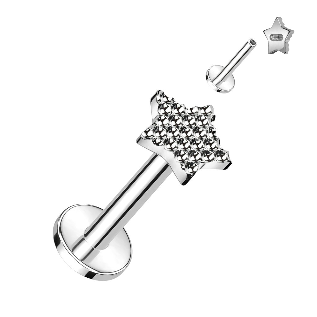 Labret / flat back piercing i titanium 1,2mm - Stjärnformad mönstrad topp