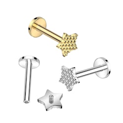 Labret / flat back piercing i titanium 1,2mm - Stjärnformad mönstrad topp