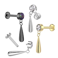 Labret / flat back piercing i titanium 1,2mm - Kubisk zirconia och droppformat hänge